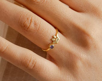 Engraved Paw Initial Birthstone Ring, Gift for Pet Lovers, Pet Remembrance Ring Christmas Gift for Her, Memorial Keepsake, Mother&#39;s Day Gift