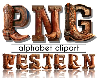 Letras PNG 3D de fuente occidental, conjunto de alfabeto de vaquero, letra garabato de vaquera, descarga digital de imágenes prediseñadas alfa, imágenes prediseñadas del salvaje oeste para decoración de fiestas