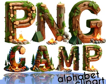 Könnte beinhalten: Ein Holzalphabet-Set mit den Buchstaben PNG CAMP, jeder Buchstabe besteht aus Baumstämmen und Ästen mit grünem Moos und Blättern. Vor jedem Buchstaben befinden sich kleine Lagerfeuer und Zelte. Die Buchstaben spiegeln sich in einem blauen Wasserbecken darunter wider. Der Text "alphabet clipart" befindet sich am unteren Rand des Bildes.