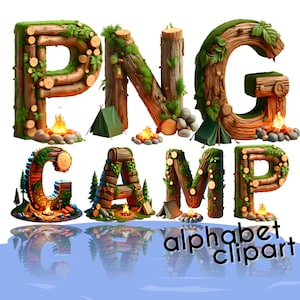 Camping Font 3D PNG Letras, Conjunto de alfabeto de acampamento de verão, Letra de rabisco de campista, Download digital de clipart alfa, Clipart de natureza selvagem ao ar livre