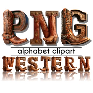 Western Font 3D PNG Letras, Cowboy Alphabet Set, Cowgirl Doodle Letter, Alpha Clip Art Digital Download, Wild West Clipart para decoração de festa