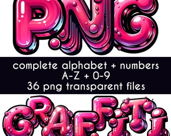 May include: A set of 36 PNG files featuring a complete alphabet and numbers in a pink, bubble-like, graffiti font style. The letters and numbers are outlined in black and have a 3D effect.
