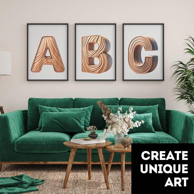 May include: Three framed prints of the letters A, B, and C, each letter is made of wood with a wood grain pattern. The frames are black and the prints are hanging on a white wall above a green sofa.