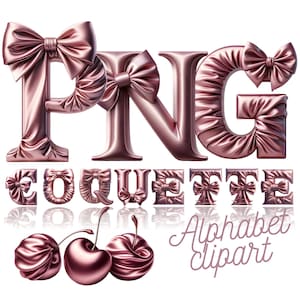 Pode incluir: Letras do alfabeto de cetim rosa com laços e cerejas. As letras soletram "PNG COQUETTE Alphabet clipart".