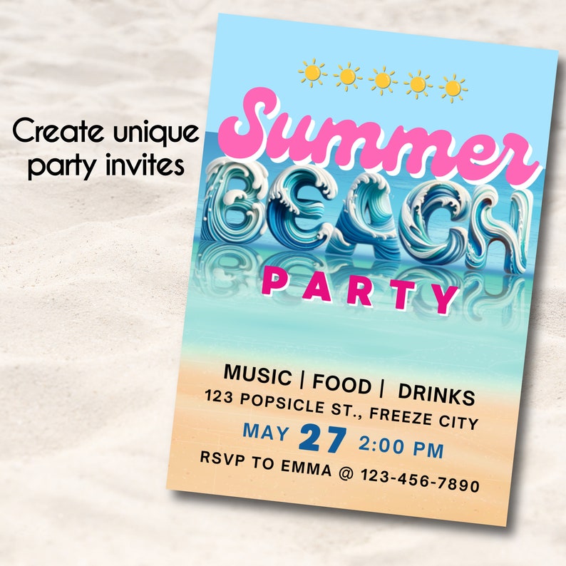 K&ouml;nnte beinhalten: Einladung zu einer Sommer-Strandparty mit einem blauen und wei&szlig;en Wellendesign. Der Text ist in Pink und lautet "Summer Beach Party". Die Einladung enth&auml;lt Datum, Uhrzeit, Ort und RSVP-Informationen.