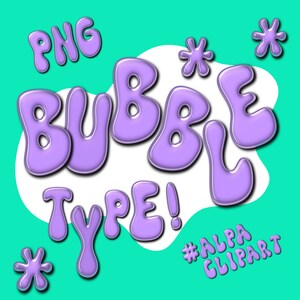 Lettres groovy bulles, police PNG violet gonflée, lettres Doodle mignon rétro ondulées, Alphabet de texte gonflé, Clipart années 70 des années 70 pour impression par sublimation