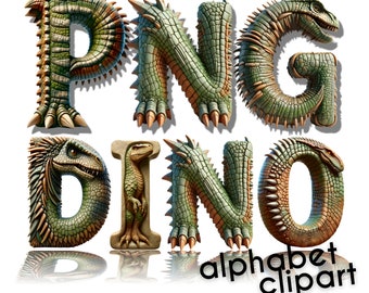 Könnte beinhalten: Grüner und brauner Dinosaurier-Alphabet-Clipart. Die Buchstaben sind P, N, G, D, I, N, O. Die Buchstaben sind so gestaltet, dass sie wie Dinosaurier aussehen.