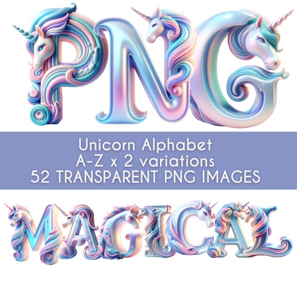 Unicorn PNG, Doodle Letters, Doodle Font, 3D Letters, Alphabet PNG, Digital Download, Unicorn Clipart, Unicorn Birthday Invitation, 3D PNG