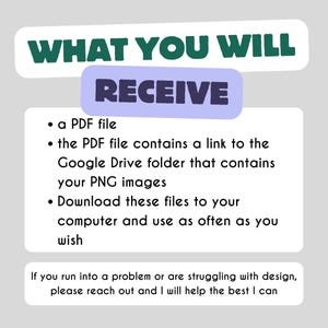 May include: A purple rectangle with the text "RECEIVE" in white. Below the rectangle is a list of what you will receive when you purchase a product: a PDF file with a link to a Google Drive folder containing PNG images. The text also states that you can download the files to your computer and use them as often as you wish. The text at the bottom of the image reads: "If you run into a problem or are struggling with design, please reach out and I will help the best I can."
