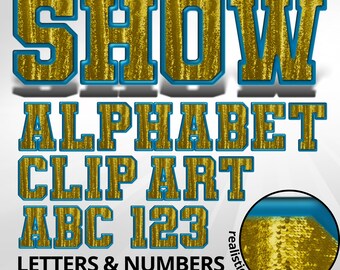 Showgirl Faux Sequin Letters - Gold and Blue Sparkly Alphabet Clipart - PNG Doodle Letters Numbers - Printable Glitter Patch - Cheer Font