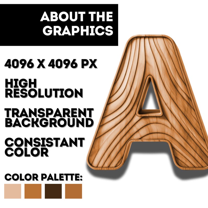 May include: A large, wooden letter A with a wood grain texture. The letter is 4096 x 4096 pixels and has a transparent background. The color palette includes shades of brown.