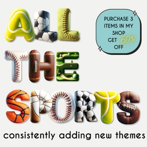 Puede incluir: Un dise&ntilde;o gr&aacute;fico colorido con las palabras "ALL THE SPORTS" donde cada letra est&aacute; formada por una pelota de deporte diferente. El texto "PURCHASE 3 ITEMS IN MY SHOP GET 60% OFF" est&aacute; en un bocadillo de di&aacute;logo en la esquina superior derecha de la imagen.