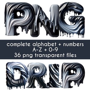 May include: A set of 36 PNG files featuring a dripping, black and white alphabet and numbers. The letters are stylized with a swirling, textured design. The text "PNG" and "DRIP" are shown in the image.