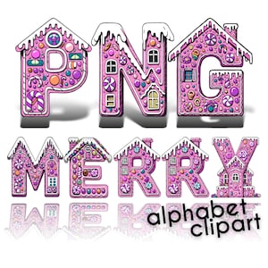 Różowy alfabet piernikowego domku, litery PNG Christmas Doodle, alfabet czcionki piernikowej do sublimacji, Boże Narodzenie PNG, litery piernikowe