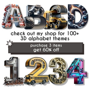 K&ouml;nnte beinhalten: Ein Satz von 3D-Buchstaben und -Zahlen mit verschiedenen Themen. Die Buchstaben A, B, C und D werden zusammen mit den Zahlen 1, 2, 3 und 4 gezeigt. Die Buchstaben und Zahlen bestehen aus verschiedenen Materialien und haben unterschiedliche Texturen. Die Buchstaben A und D sind aus Metall, der Buchstabe B ist aus Gummi, der Buchstabe C ist aus Holz, die Zahl 1 ist aus Metall, die Zahl 2 ist aus Holz, die Zahl 3 ist aus Metall und die Zahl 4 ist aus Kunststoff. Der Text "check out my shop for 100+ 3D alphabet themes purchase 3 items get 60% off" ist ebenfalls im Bild zu sehen.