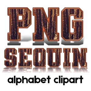 May include: PNG SEQUIN alphabet clipart in brown and gold with a glittery texture.