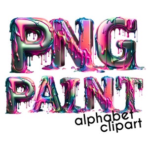 Letras de pintura goteante en 3D, conjunto de alfabeto, fuente de letra PNG Doodle, descarga digital de imágenes prediseñadas de Alpha, letras de fuente artística, fuente de colores brillantes