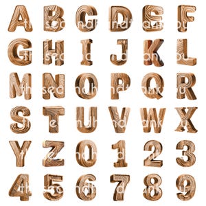 May include: Wooden alphabet letters and numbers in a 3D style with a wood grain texture. The letters are uppercase and the numbers are in a standard font.