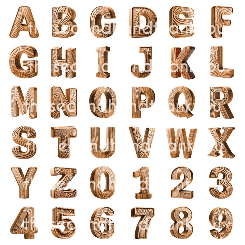 May include: Wooden alphabet letters and numbers in a 3D style with a wood grain texture. The letters are uppercase and the numbers are in a standard font.