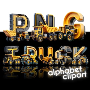 Camión PNG, Letras Doodle, Fuente Doodle, Fuente 3D, Alfabeto 3D PNG, Descarga digital, Imágenes prediseñadas de camión de construcción, Fiesta de cumpleaños de construcción