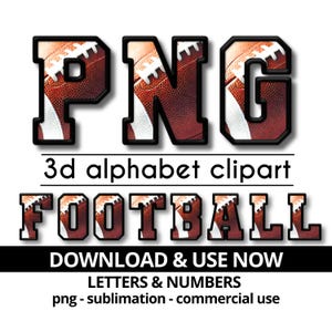 Alfabeto de fútbol PNG, letras y números universitarios en 3D, clipart, deportes, mamá, sublimación, descarga digital, uso comercial, fuente