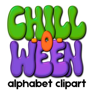 Paquete de imágenes prediseñadas PNG del alfabeto de Halloween retro, letras de burbujas de Halloween, letras de garabatos con estilo, texto ondulado, letras alfa de Halloween retro