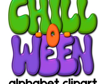 Puede incluir: Un diseño gráfico colorido de las palabras "Chill Ween" en una fuente tipo burbuja. La palabra "Chill" está en verde y la palabra "Ween" está en morado. Las palabras están sobre un fondo blanco con el texto "alphabet clipart" debajo.