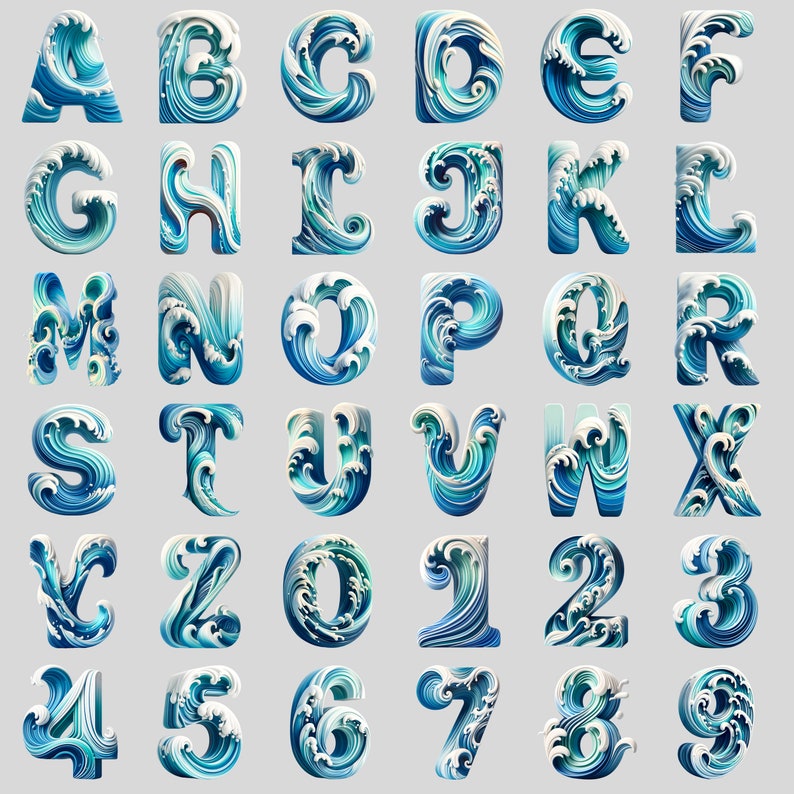 K&ouml;nnte beinhalten: Ein blaues und wei&szlig;es Alphabet und Zahlenset mit Wellendesign. Jeder Buchstabe und jede Zahl besteht aus einem 3D-Wellenmuster.