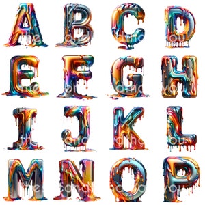 May include: A-Z alphabet letters made of colorful, dripping paint. Each letter is a different color combination, with metallic accents. The letters are isolated on a white background.