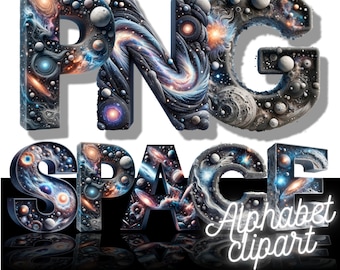 Space Alphabet, Space Font, Doodle Letters, Doodle Font, 3D Font, 3D Alphabet PNG, Digital Download, Outer Space Clipart, Alphabet Clipart