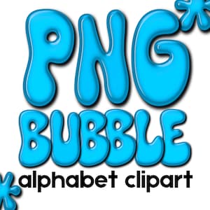 Letras de texto con estilo de burbuja azul, alfabeto retro, letras onduladas con garabatos, letras y números prediseñados en formato PNG, diseños de sublimación con clips alfa