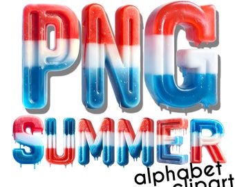 Könnte beinhalten: Rote, weiße und blaue Buchstaben im Popsicle-Stil, die "PNG SUMMER" buchstabieren, mit tropfenden Kanten. Alphabet-Clipart.