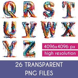 May include: A set of 26 alphabet letters, each letter is made of a 3D metallic object covered in dripping colorful paint. The letters are isolated on a white background. 4096x4096 px high resolution.