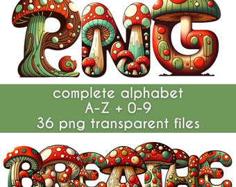 Könnte beinhalten: Eine farbenfrohe Illustration des Wortes "ATMEN" aus roten und grünen Pilzen. Die Pilze haben weiße Punkte und sind in einem verspielten, organischen Stil angeordnet.