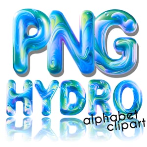 Letras de burbujas de fuente de agua PNG: letras del alfabeto de garabatos 3D, fuente de océano, letras decorativas de garabatos alfa de estilo líquido para sublimación imprimible