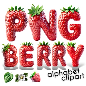 Jeu de polices réalistes 3D alphabet et nombres fraise | Lettres de griffonnage alpha au format PNG pour les arts numériques et l'artisanat