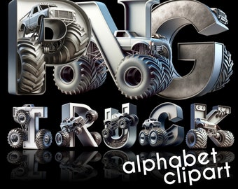 Könnte beinhalten: Eine 3D-Darstellung des Wortes "TRUCK" in Silber mit Monstertruck-Reifen und -Rädern. Jeder Buchstabe besteht aus einem Monstertruck mit silberner Karosserie und schwarzen Reifen. Das Wort "TRUCK" ist in Großbuchstaben geschrieben und die Buchstaben sind gleichmäßig verteilt. Der Hintergrund ist schwarz.