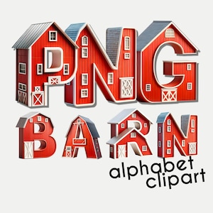 Letras de fonte de fazenda para convites de aniversário, conjunto de alfabeto de celeiro vermelho, fonte de letra Doodle PNG, download digital de clipart alfa, clipart de tema de fazenda