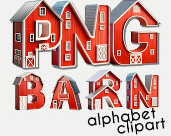 Farm Font Letters for Birthday Invites, Red Barn Alphabet Set, PNG Doodle Letter Font, Alpha Clip Art Digital Download, Farm Theme Clipart