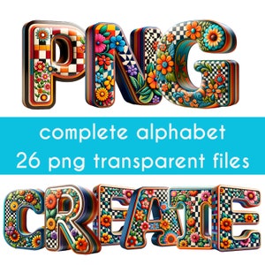 May include: Colourful 3D letters with floral and chequered patterns, spelling out the word "PNG" and "CREATE". The letters are brightly coloured and have a whimsical, folk art style.