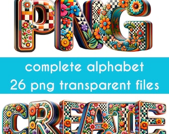 70s Retro Letters, Doodle Letters, 3D Letters, Retro Clipart, Alphabet Set PNG, 70s Clipart, Good Vibes, Digital Download, DIY Stickers