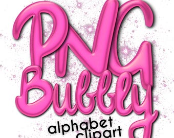 Könnte beinhalten: Rosa-blasenförmiger Alphabet-Clipart mit einem rosa, glänzenden 3D-Effekt. Die Buchstaben sind weiß umrandet und haben einen leichten Schattenscheineffekt. Der Hintergrund ist weiß mit einem hellrosa Glitzer-Effekt.