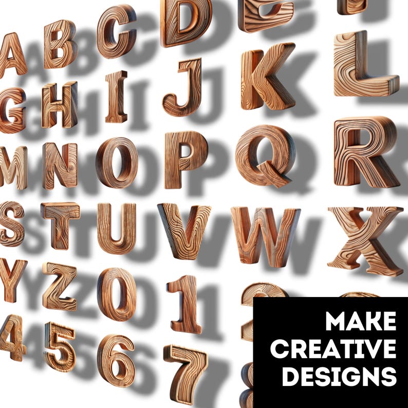 May include: Wooden alphabet letters and numbers with a wood grain texture. The letters are in uppercase and the numbers are in a standard font. The letters and numbers are arranged in a random order. The background is white.  Make Creative Designs.