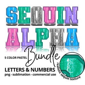 Pastel Sequin Alphabet Doodle Font Bundle - Sublimation PNG Clipart ABC Alpha Pack - Letters & Numbers - Canva Digital Glitter Faux Patch