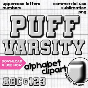 Puffy Font Varsity Style Alfabet Clipart Bokstäver och siffror | 3D Glansig PNG Digital Nedladdning för Sublimering