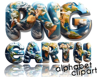 Earth Font Letters, Alphabet Set, PNG Doodle Letter Font, Alpha Clip Art Digital Download, Earth Day Alphabet, World Planet Clipart Images