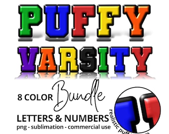 Puffy Font Varsity Style Alphabet Clipart Bundle | Inflated Letters and Numbers | 3D Glossy PNG Digital Download Sublimation | Team Colors