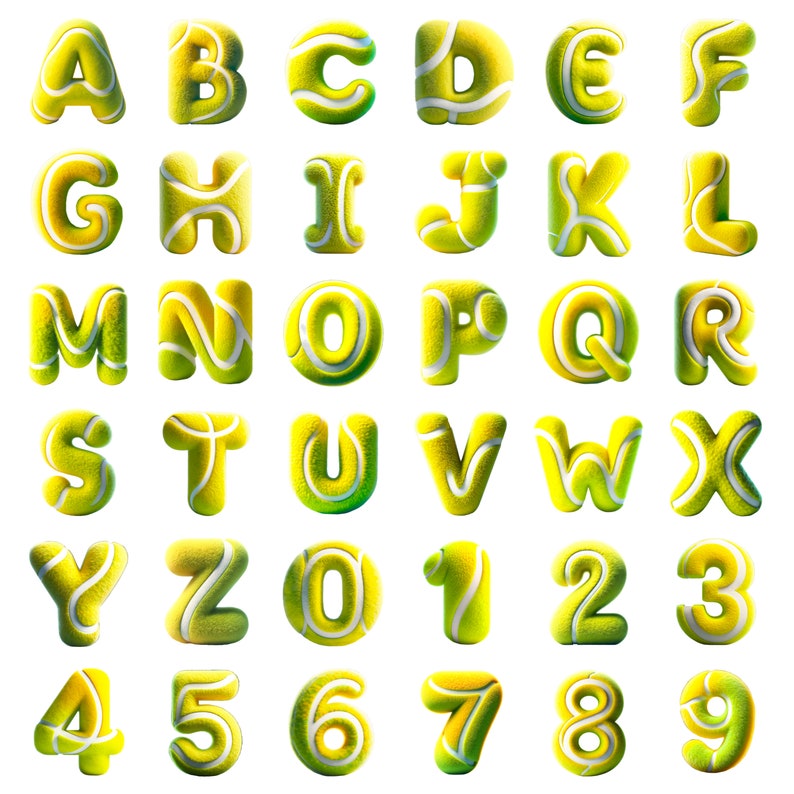 Tennis PNG, Tennis Ball Doodle Letters, Doodle Font, 3D Letters, Alphabet PNG, Digital Download, Tennis Clipart, 3D Alphabet, Sports Numbers
