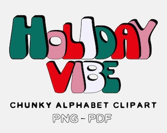 Holiday Retro Alphabet Clipart | 4 Color Sets | Christmas Sublimation PNG PDF | Printable Funky Letters Numbers | Digital Scrapbooking | ABC
