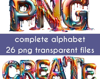 以下が含まれることがあります： 「PNG」と「CREATE」という単語を綴る、カラフルな垂れ流しペイントのアルファベット文字。文字は3Dで、メタリックな光沢があります。ペイントは、赤、オレンジ、黄色、緑、青、紫など、さまざまな色で文字から垂れ下がっています。